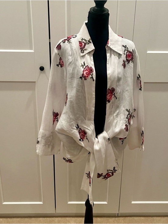 Mishca Tops - Mishca White Open Front Tie Linen Shirt with Pink Rose Embroidery